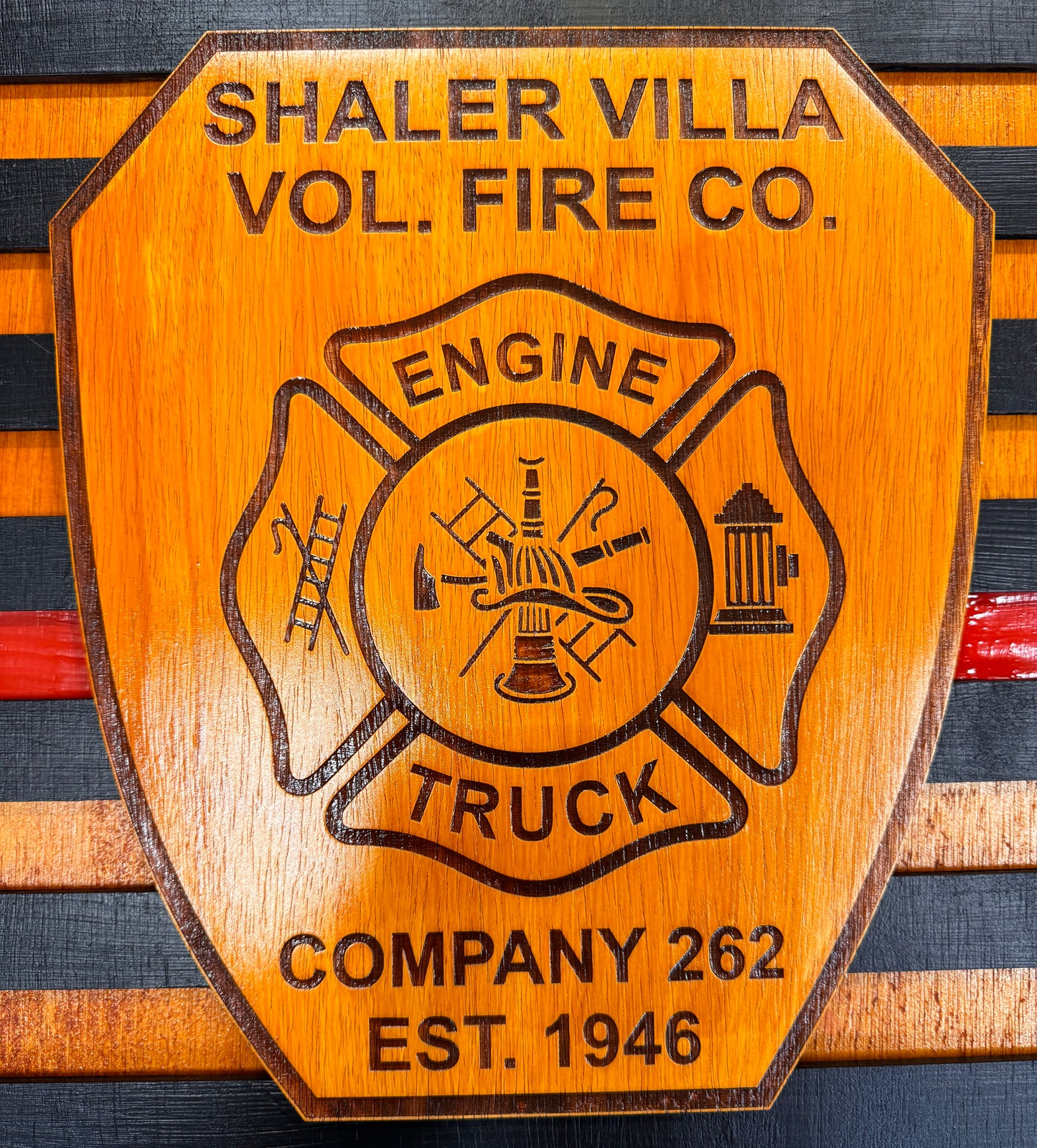 Personalized Laser Engraved/Cut Wooden Logo American Flag w/ Thin Line - Firefighter,Police, First Responder, Paramedic, EMS, Rustic Finish