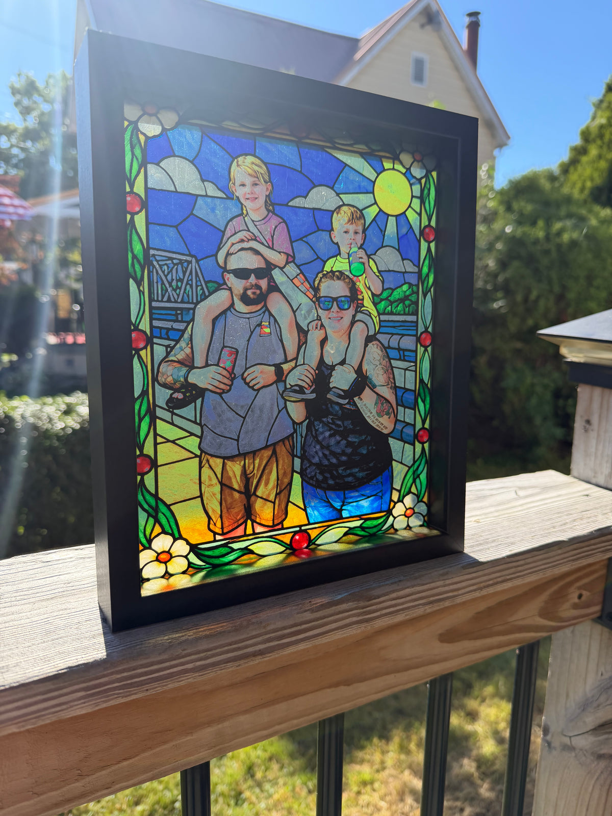 Personalized framed stained glass photo gift featuring a family portrait with colorful UV printed acrylic artwork.